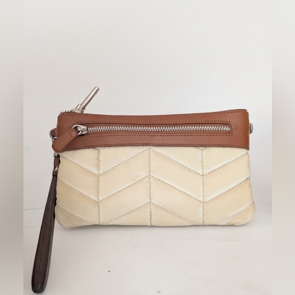 Mighty Purse Cream and Brown quilted Wristlet Clutch crossbody